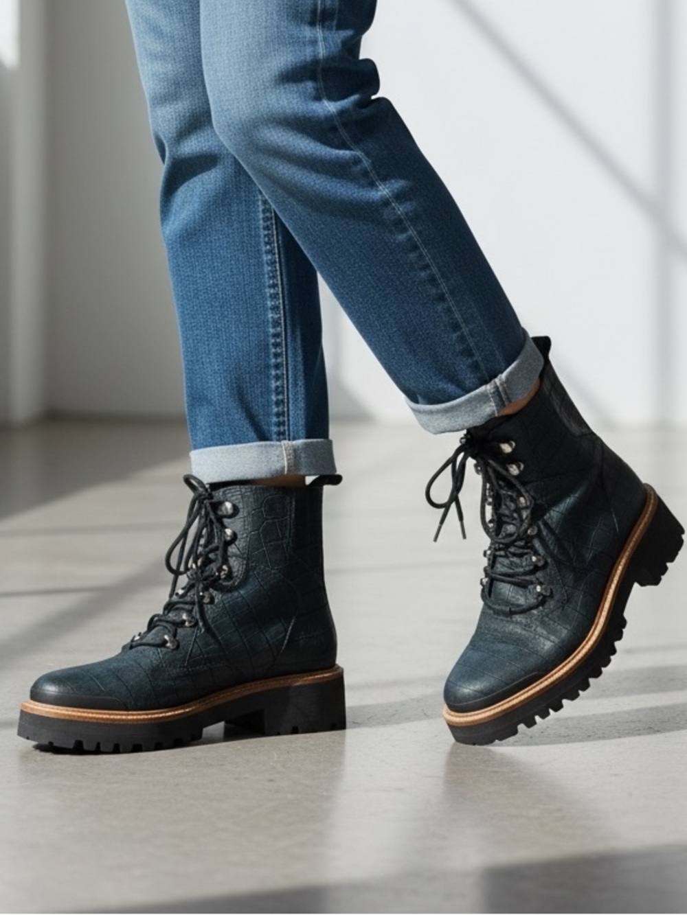 Marc Fisher Leather Black Lace-Up Croc-Textured Combat Boots
